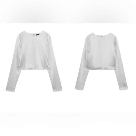 🛍️NEW SARA SATIN EFFECT CROP TOP IN PEARL GREY - Picture 3 of 4